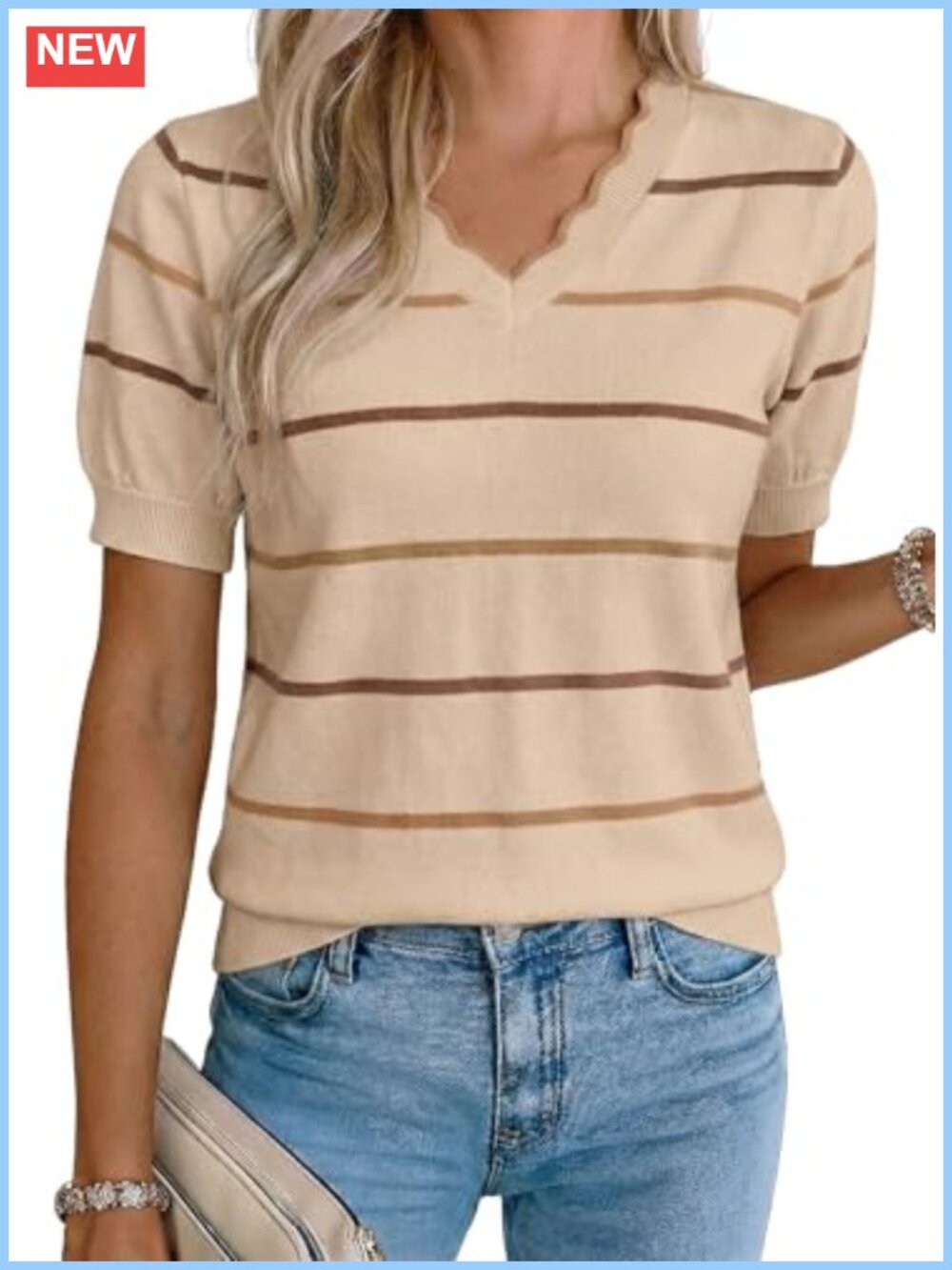 Womens Knit Striped Short Sleeve V-Neck Pullover Sweater Top